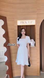 เดรสคอเหลี่ยมเเต่งระบายชาย ป้ายModish" - เดรสคอเหลี่ยม ระบายชาย ป้ายModish