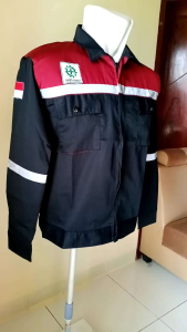 Baju Kerja Atasan Wearpack Safety K3 Proyek Pria Lengan Panjang Hitam Kombinasi Maroon Bahan American Drill Grade A