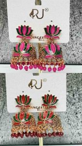 NJ Stuning Lotus Colourful Jhumka with Gold Base