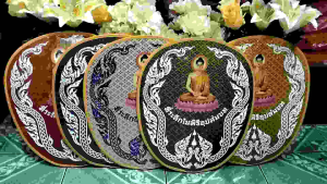 ตาลปัตรพิมพ์ลาย ตาลปัตรผ้าตราด  ตาลปัตรสวย ตาปัตรงานบวช พร้อมส่ง