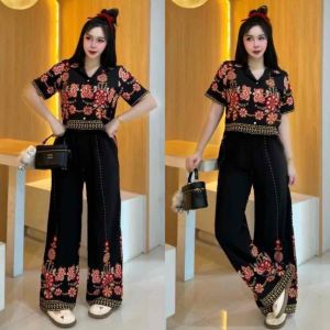 15043 Set 2 ชิ้น เสื้อเชิ้ตครอปลายดอกไม้ + กางเกงขายาว