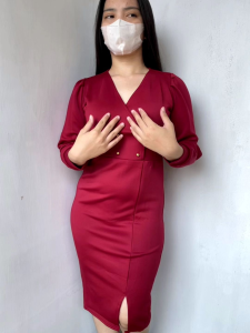 Dress Kerja Wanita Formal Scuba Dress Bodycon Lengan Panjang V-Dress Sopan Dan Elegant Yoona zh