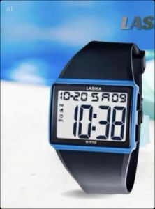 LASka digital wristwatch with date display in gray red black blue green. Rectangular face resin strap 24-hour format day-date display. Casual everyday wear. For kids