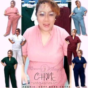 Mommy Kikays Collection| CHINA Plus Size Chinese Collar TOP with Garterized 2 side pockets Wide Leg Pants for Casual Office Wear Coords can fit from XL 2XL 3XL Womans Wear
