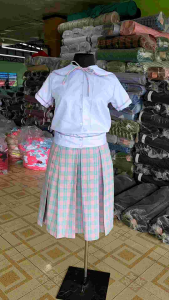 Joenel Sailor Collar Blouse With Ribiti and Pink Green Checkered Box Pleats Skirts School Uniform