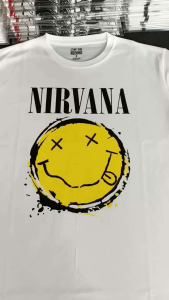 Kaos T Shirt Nirvana Smiley Band Rock Distro Cotton White - Lokal Brand Berkualitas, Bahan Cotton Prima 24s, Sablon Discharge, Size Chart Tersedia (Ready Stock)