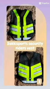 Dakkisports safety vest for riders with reflective stripes and adjustable straps.