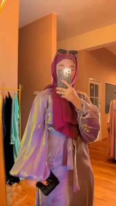 Muslim Dress Fashion Elastic Cuff Sleeve Soft Shiny Abaya With Belt