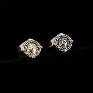 Cincin Elegan Motif Ukiran Kepala Kuda Silver dan Emas (Adjustable)