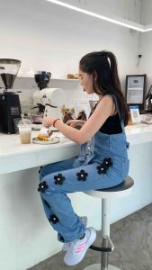 LNBU8090 ชุดเอี๊ยมกางเกงยีนส์ขากระบอก ปักดอกไม้3D🌼🌸 งานทำมือละเอียด S-6XL