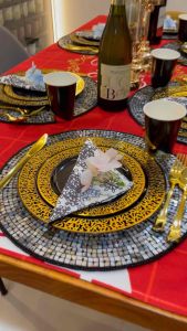 Gold/Rose Gold Rim Black/White Plastic Dinnerware Set party plates cups napkins spoon forks knives