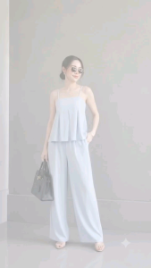 Bangkok Clothes Woranan Studio Womens Elegant 2-Piece Linen Set - Spaghetti Strap Pleated Cami Top & High Waist Wide Leg Trousers Suit Outfit