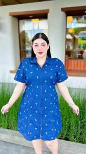 KA เดรสผ้ายีนส์พิมพ์ลายโบว์ซิปหน้าถอดได้  ไซส์ใหญ่ งานOVERSIZE อก 38-46” เอว44”  สพ.50”ยาว 38 นิ้ว