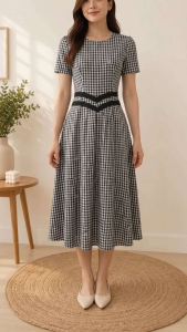 Preloved Gingham Midi Dress (Best Fit: Medium to Large) Round neckline puff sleeves Midi Length