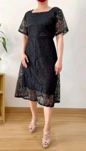 ECLAIRE 039 Dress Midi Brukat Brokat Lace Leher persegi Squareneck Pita Ribbon Pesta Korea Gamel