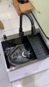 Paket Kitchen Sink BLACK 60x45cm / Bak Cuci Piring Stainless Hitam Dengan Keran Tarik Keluar
