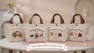 Cute Bear Canvas Tote Bag | Light Beige Mini Tote | Snap Button Handbag | Daily Carry Lunch Bag