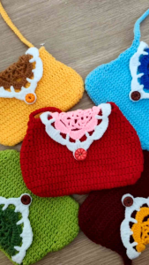 Handmade Cute Knitted Kids Bag with Button | Small Shoulder Bag for Girls | Colorful Mini Crochet Sling Bag