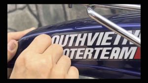 Tem Logo Sticker Chữ SouthvietnamScooter Nền Trong in trên chất liệu phản quang với hai size 18cm với 25cm