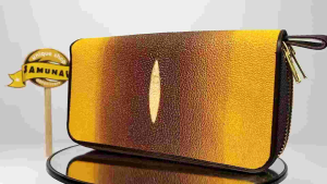 Dompet Wanita Kulit Pari Double Zipper coklat kuning diamond