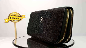Dompet Wanita Kulit Pari Double Zipper HITAM Tetes Embun