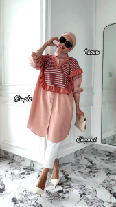 Tunik Wanita BigSize Terbaru Lucy Ruffle Vest Stripe Salur Hitam Pink Jumbo