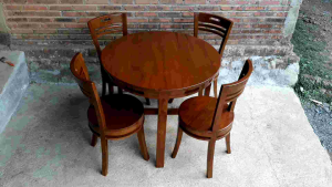 KURSI MAKAN MINIMALIS MEJA BULAT KAYU JATI