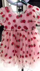 Dress strawberry anak pink tule import gaun pesta lengan balon impor