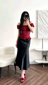 Áo kiểu nữ ren ruy băng trễ vai tay ngắn đính nơ freesize 40-58kg