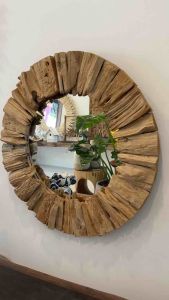 กระจกติดผนัง กรอบกระจก ทำจากแท่งไม้ ไม้สัก สีธรรมชาติ แต่งผนัง ทรงกลม มินิมอล 60x60x4cm งานทำมือ ของแต่งบ้าน Wood Stick Round Wall Mirror