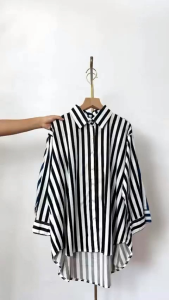 Kemeja Kerja Silang Belakang Motif Salur Matt Poly Rayon