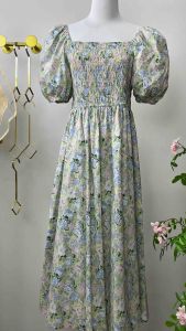 Floral Puff Sleeve Smocked Waist Midi Dress