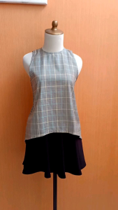 atasan wanita kotak hitam putih M cewek blouse kutung santai cute depan crop