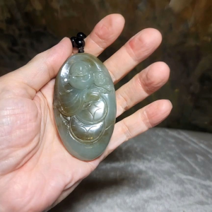 Premium Nephrite caramel brown blue green good greasiness Laughing Buddha & Lucky Boy handheld (with certificate)