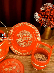 Wedding Dowry Pail Set 结婚红木子孙桶实木喜桶红桶婚庆用品大全马桶宝桶三件套装痰盂