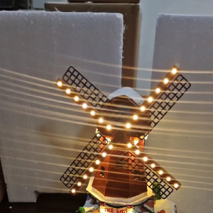 Christmas Village Windmill with Lights and Sounds Red and Yellow Snowy Base "The Shoe" Sign USB Power Option Battery Option.