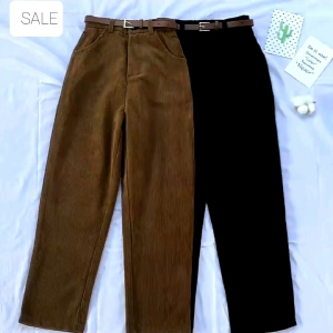 Celana corduroy hitam panjang pria gaya trendy korea retro style