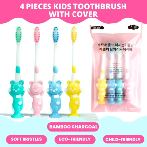 T.Ph 4PCS/Set Kids Toothbrush with Cover - Bamboo Charcoal Soft Bristle Tooth Brush for Toddler Boys & Girls 3 Years Above