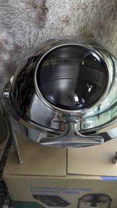Round stainless steel food warmer chaffing dish with glass cover and roll top 6 liters capacity suitable for buffet warmers.