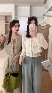 Áo cặp  set áo len lưới kèm lót cột dây tay dài nhiều màu đi biển đi chơi xinh xắn hàng Quảng Châu mềm đẹp