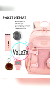 Tas Ransel Anak Perempuan Remaja Cinnamoroll Free: Botol Minum Kaca, Jam Tangan, Kipas Angin Mini, dan Gantungan Pompom