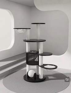 Solid Wood Multi-Level Cat Tree for Large Cats with Space Capsule Compact Floor-Standing Design Sisal Cat Tower
