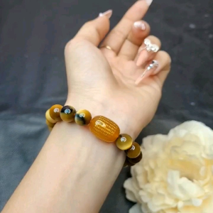 Q571 Vòng MH Da Báo 10li mix lu thống Agate Vàng khắc tâm kinh Thổ và Kim - Phong Thuỷ TUDO P