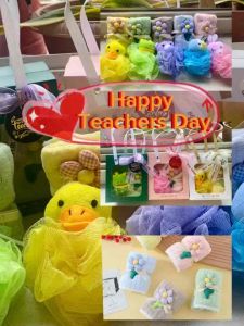 Teacher’s Day Gift-Sunflower series Coral Fleece Towel+Cute Bath Puff with Gift Box (SG stocks)