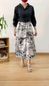 ●ECLAIRE● 0IS Dress Midi Longsleeves Lengan Panjang 2tone two-tone twotone motif abstrak Korea Kasual Pesta Kerja Formal Import gbbio