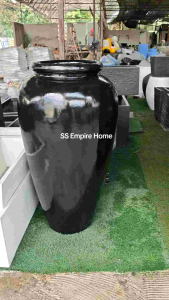 REX FP28 Fiberglass Gloss Black Round Tall Circular Flower Pot Pasu Bunga Garden Taman Plant Pokok Outdoor Tempayan