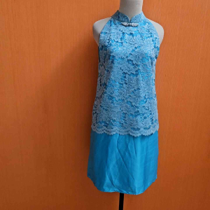 mini midi dress wanita biru muda krah shanghai model cheongsam THALIA cewek M kutung MEWAH