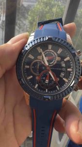 Đồng hồ nam hiệu MINI FOCU$ Quartz size 475mm full 6kim 3cốt 1 lịch mặt số thiết kế đẹp chức năng Chronograph mặt xanh dây silicon xanh đỏ nguyên tad mácnguyên seal khóa zin chuẩn hãng