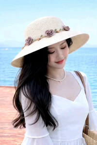 Mũ cói nữ đi biển nón vành rộng kết hoa hồng thời trang Hàn Quốc