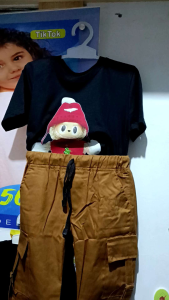 Setelan kaos labubu dan joger cargo anak cewe usia 1-12tahun